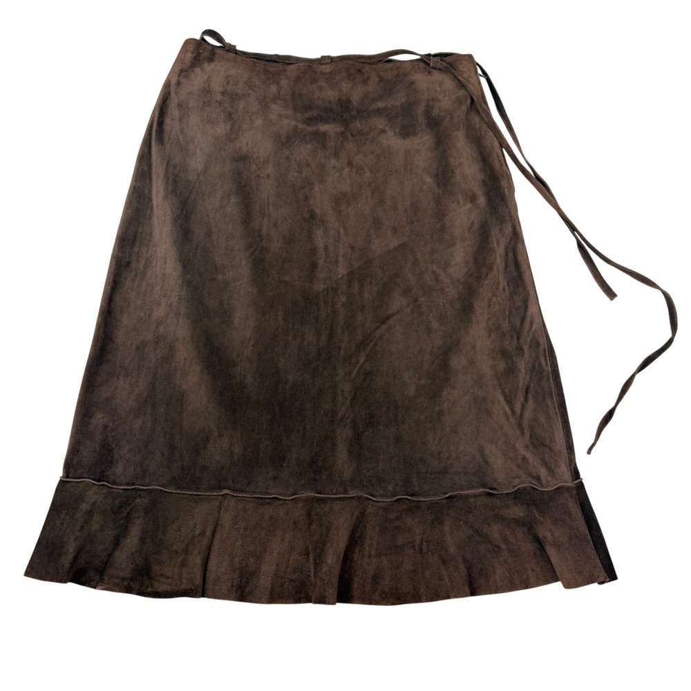 Pinko Vera Pelle Brown Suede Wrap Skirt‎ Italian Leather Ruffle Hem Boho Size S